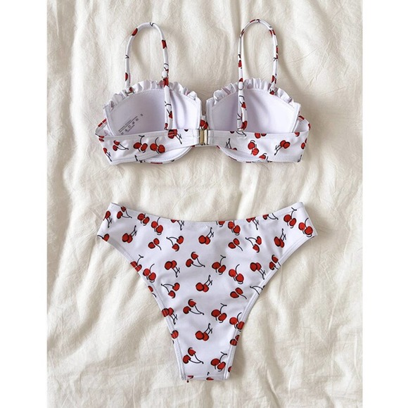 Women Swimsuits 2Pcs Bikini Bathing Suit Cherry Print Beach Swimwear - Picture 3 of 6